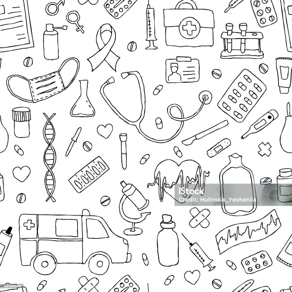 seamless pattern hand drawn doodle medicine. Hand drawn seamless pattern hand drawn doodle medicine. Hand drawn. Healthcare And Medicine stock vector