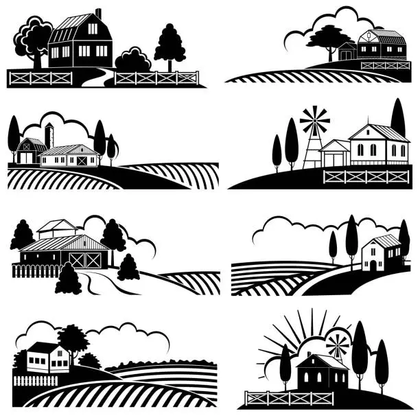 Vector illustration of Vintage countryside landscape with farm scene. Vector backgrounds in woodcut style