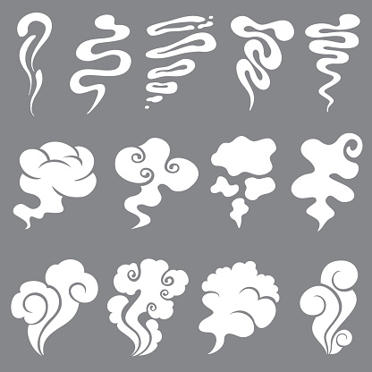 Cartoon smoke and dust clouds. Comic puff and steam vector set. Comic white stench aroma or smell illustration