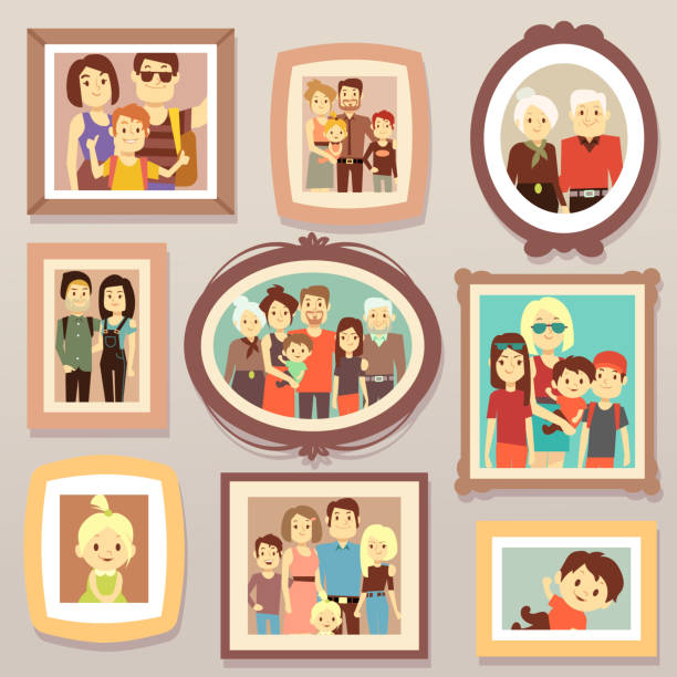 stockillustraties, clipart, cartoons en iconen met grote familie glimlach foto portretten in frames op muur vectorillustratie - museum wall