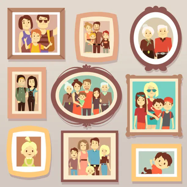 Vector illustration of Big family smiling photo portraits in frames on wall vector illustration