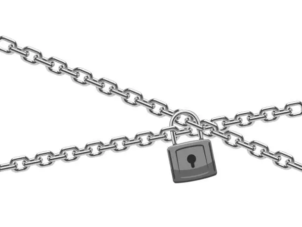 Vector illustration of Padlock and steel chain. Finance security and computer safety vector concept