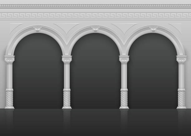 istock Classic roman antique interior with stone arches and columns vector illustration 831559180