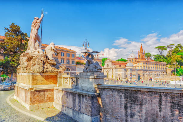 rome, italy - may 08,2017 : one of the most beautiful roman squares is the people's square (piazza del popolo)  with people, tourists on it. rome - piazza del nettuno imagens e fotografias de stock