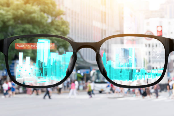 istock Augmented reality , smart AR glasses technology , smart city , internet of things concept. Customer using AR application see digital 3d rendering building with blur city background. 831559590