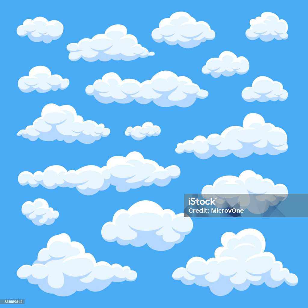 Dibujos animados de nubes aisladas en la colección de vectores de panorama de cielo azul - arte vectorial de Nube libre de derechos