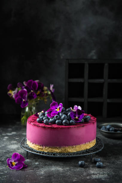 no baked blueberry cheesecake on dark background