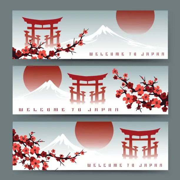 Vector illustration of Sakura, fuji mountain and torii banners