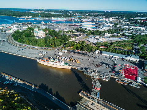 Aerial view of Turku and Aura River with ships and shipyard