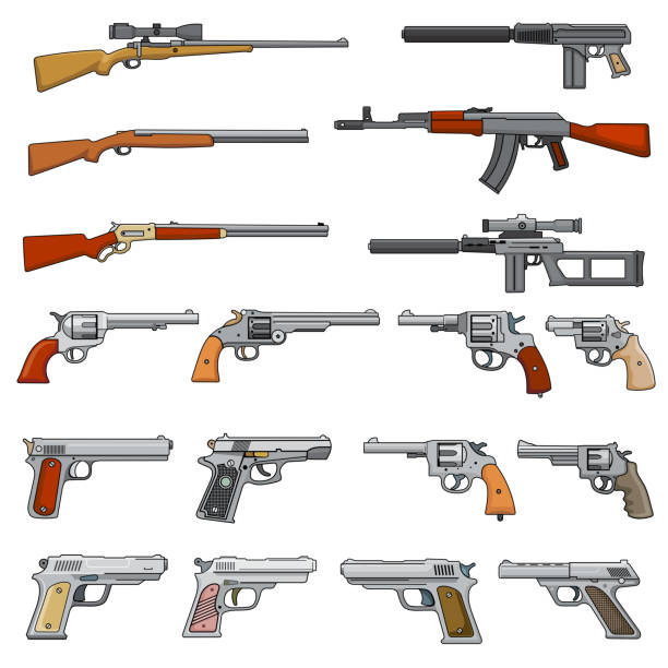 verschiedenen gewehr, gewehre und pistolen cartoon vektor waffen-icons - rifle stock-grafiken, -clipart, -cartoons und -symbole
