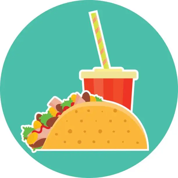 Vector illustration of Flat colorful vector lovely fast food couple - cola and mexican taco