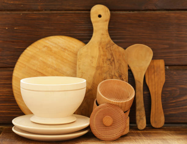 istock Wooden utensils, cups, plates, spoons - rustic style 831566994