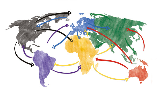 Concept for globalization and global networking with drawn arrows.