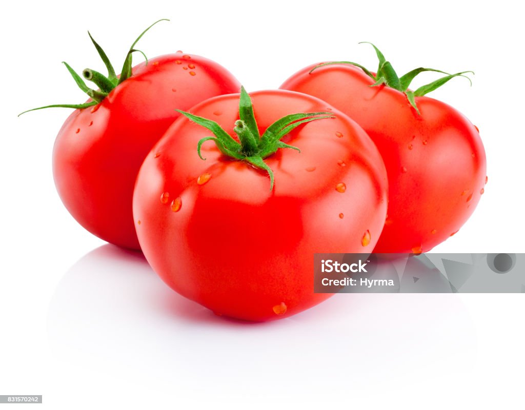 Three juicy red tomatoes isolated on white background Tomato Stock Photo