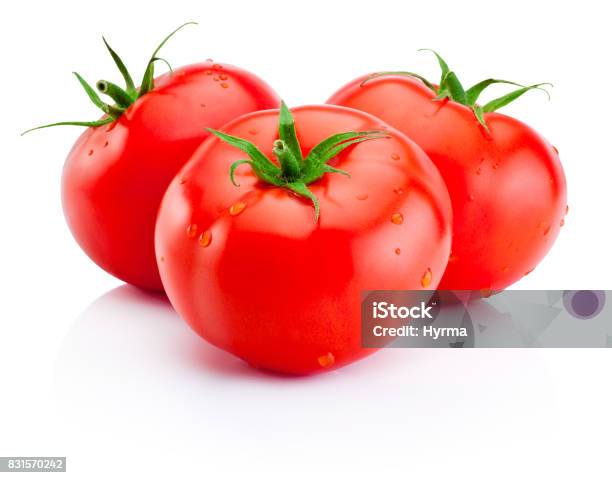 Three Juicy Red Tomatoes Isolated On White Background Stock Photo - Download Image Now