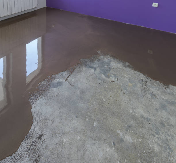 istock Apartment under construction. Application of self leveling screed on cement floor 831571846