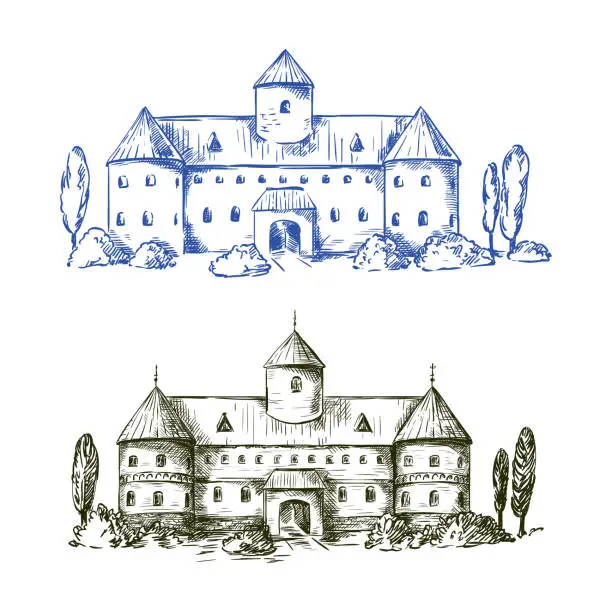 Vector illustration of Old castle. Two vector sketch on white