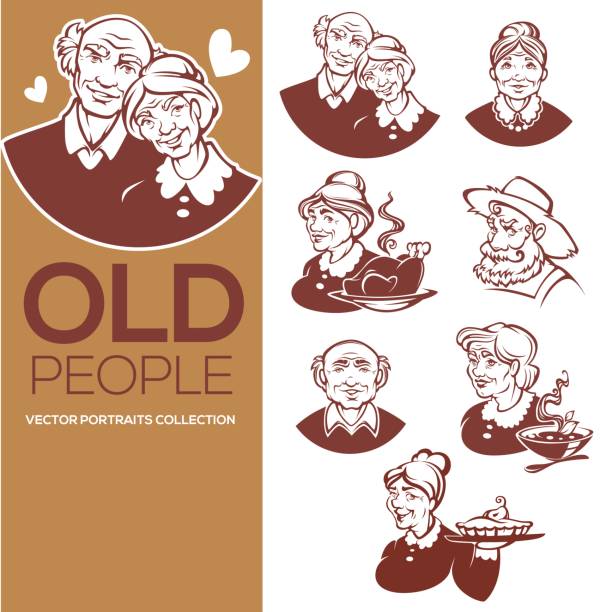 ilustraciones, imágenes clip art, dibujos animados e iconos de stock de colección de vector grande de retratos de gente vieja feliz para su icono, etiqueta y emblemas - grandmother