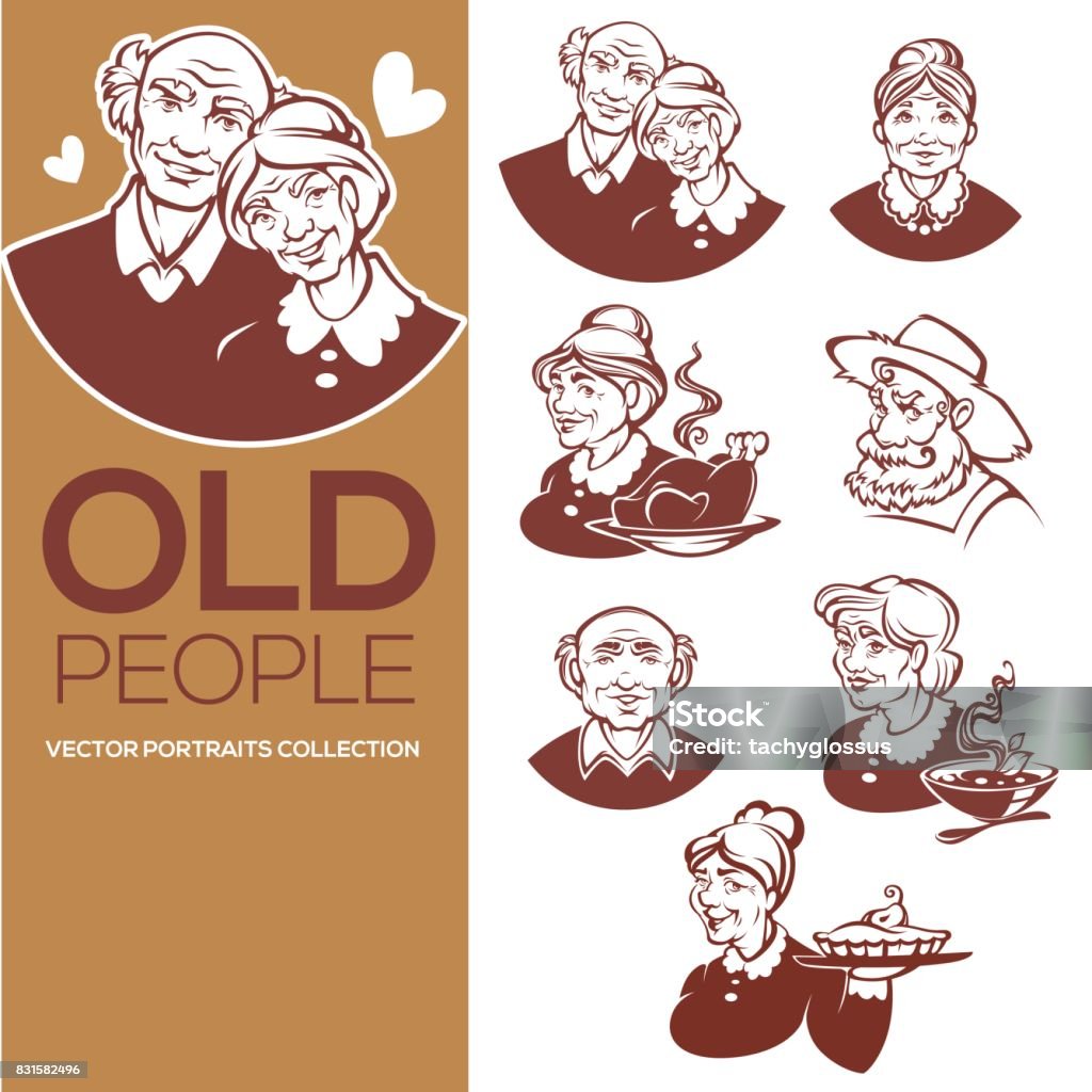 large vector collection of happy old people portraits for your icon, label, and emblems Grandmother stock vector