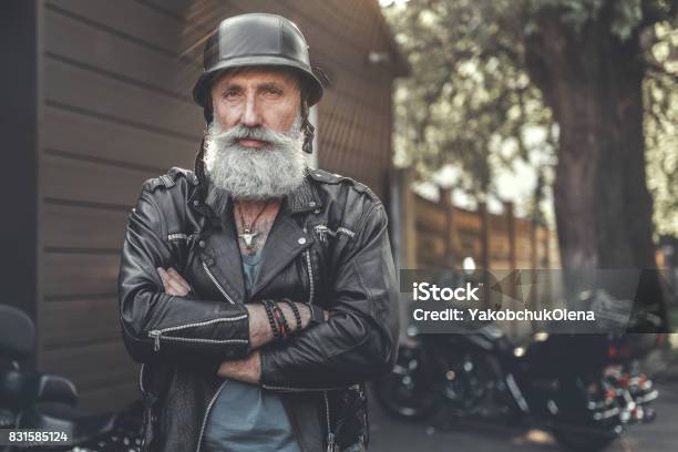 Cheerful Smiling Old Man In Helmet Stock Photo - Download Image Now - Biker, Motorcycle, Portrait
