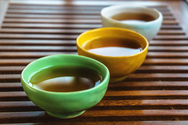 istock Chinese tea cups on wooden tea table for tea ceremony background 831585428