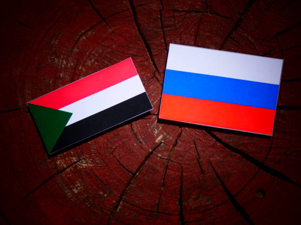 Sudan flag with Russian flag on a tree stump isolated stock photo