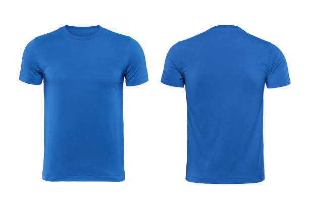 Blue T-shirts front and back used as design template. stock photo