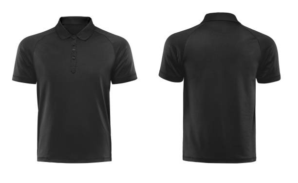 modello di design della maglietta polo nera isolato su bianco con percorso di ritaglio - polo shirt shirt clothing mannequin foto e immagini stock