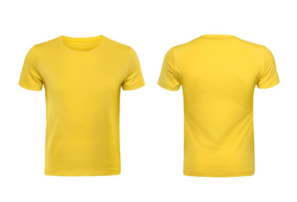 żółte t-shirty z przodu i z tyłu używane jako szablon projektu. - yellow color zdjęcia i obrazy z banku zdjęć