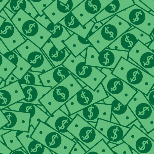 Money pattern with many dollar currency signs Seamless money pattern with many dollar currency signs. Green background with paper banknotes in chaotic manner. Flat hand draw style dollar sign background stock illustrations