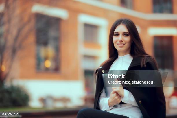 Smiling Woman With Tablet Pc In University Campus Stock Photo - Download Image Now - Diploma, Journalist, Autumn