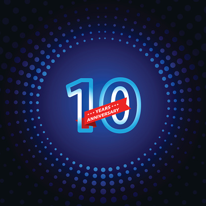 Vector of ten years anniversary icon with blue color dot pattern background. EPS Ai 10 file format.