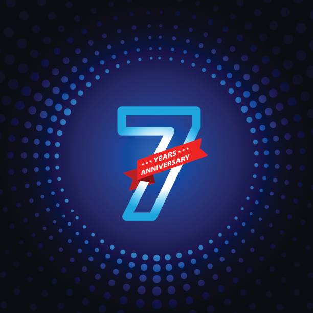 sieben jahre jubiläum symbol mit blauer farbe hintergrund - 6 7 years stock-grafiken, -clipart, -cartoons und -symbole