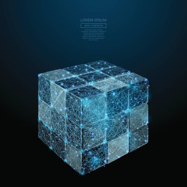 Disassembled rubik's cube low poly blue Abstract image of a Disassembled rubik's cube in the form of a starry sky or space, consisting of points, lines, and shapes in the form of planets, stars and the universe. Vector wireframe concept. puzzle cube stock illustrations