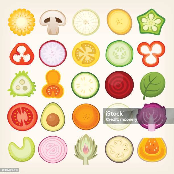 Gemüse In Scheiben Geschnitten In Zwei Hälften Stock Vektor Art und mehr Bilder von Scheibe - Portion - Scheibe - Portion, Gemüse, Zucchini
