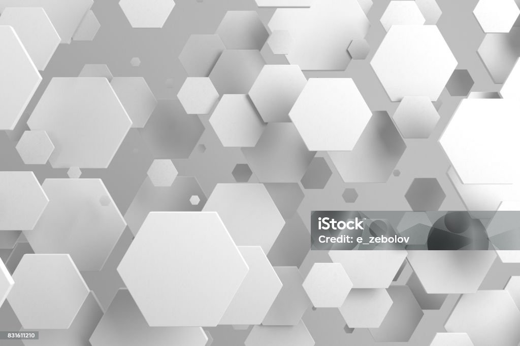 Hexagones blancs de taille aléatoire sur fond blanc - Photo de Hexagone libre de droits