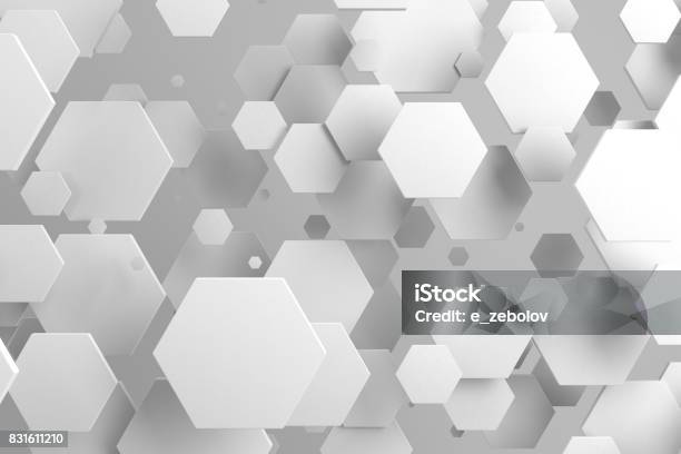 White Hexagons Of Random Size On White Background Stock Photo - Download Image Now - Hexagon, Three Dimensional, Backgrounds