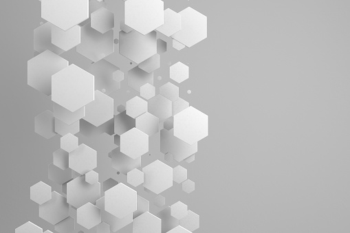 White hexagons of random size on white background. Abstract background with hexagons. Cloud of hexagons in front of wall. 3D rendering illustration