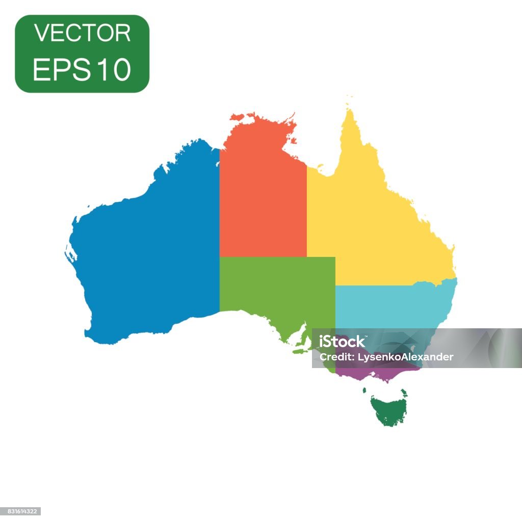 Australien-Farbkarte mit Regionen-Symbol. Geschäft Kartographie Konzept Australien Piktogramm. Vektor-Illustration auf weißem Hintergrund. - Lizenzfrei Adelaide Vektorgrafik