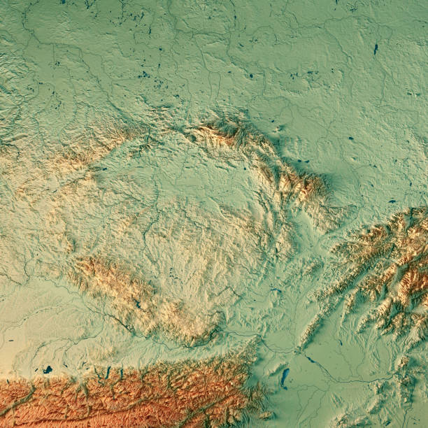Czech Republic Country 3D Render Topographic Map 3D Render of a Topographic Map of Czech Republic.
All source data is in the public domain.
Color texture: Made with Natural Earth. 
http://www.naturalearthdata.com/downloads/10m-raster-data/10m-cross-blend-hypso/
Relief texture and Rivers: SRTM data courtesy of USGS. URL of source image: 
https://e4ftl01.cr.usgs.gov//MODV6_Dal_D/SRTM/SRTMGL1.003/2000.02.11/
Water texture: SRTM Water Body SWDB:
https://dds.cr.usgs.gov/srtm/version2_1/SWBD/ sněžka stock pictures, royalty-free photos & images