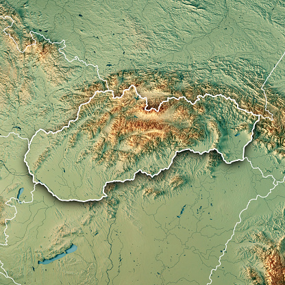 3D Render of a Topographic Map of Slovakia.\nAll source data is in the public domain.\nColor texture: Made with Natural Earth. \nhttp://www.naturalearthdata.com/downloads/10m-raster-data/10m-cross-blend-hypso/\nBoundaries Level 0: Humanitarian Information Unit HIU, U.S. Department of State (database: LSIB)\nhttp://geonode.state.gov/layers/geonode%3ALSIB7a_Gen\nRelief texture and Rivers: SRTM data courtesy of USGS. URL of source image: \nhttps://e4ftl01.cr.usgs.gov//MODV6_Dal_D/SRTM/SRTMGL1.003/2000.02.11/\nWater texture: SRTM Water Body SWDB:\nhttps://dds.cr.usgs.gov/srtm/version2_1/SWBD/