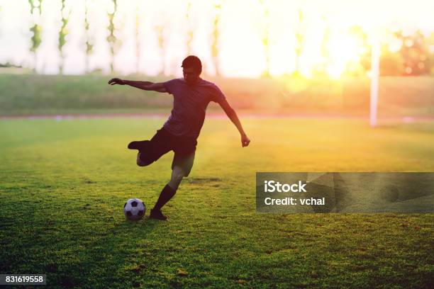 Photo libre de droit de Joueur De Soccer Tire Une Balle Dans Le Stade Au Coucher Du Soleil banque d'images et plus d'images libres de droit de Football