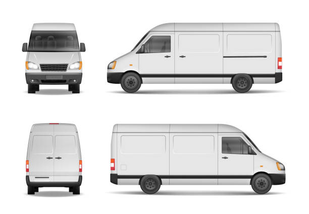 ilustraciones, imágenes clip art, dibujos animados e iconos de stock de aislado comercial entrega vehículo conjunto. plantilla de vector blanco van para el coche de marca y publicidad. mini autobús de lado, hacia atrás, vista frontal. vector de - delivery van truck freight transportation cargo container