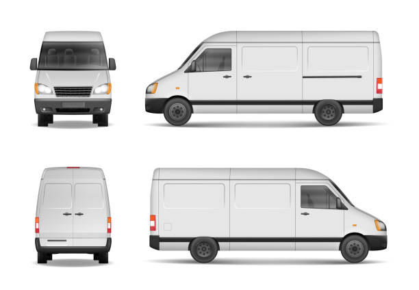 Isolated commercial delivery vehicle set. White van vector template for car branding and advertising. Mini bus from side, back, front View. Vector Isolated commercial delivery vehicle set. White van vector template for car branding and advertising. Mini bus from side, back, front View. Vector EPS 10 mini van stock illustrations