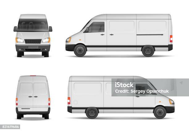 Isolated Commercial Delivery Vehicle Set White Van Vector Template For Car Branding And Advertising Mini Bus From Side Back Front View Vector Stock Illustration - Download Image Now