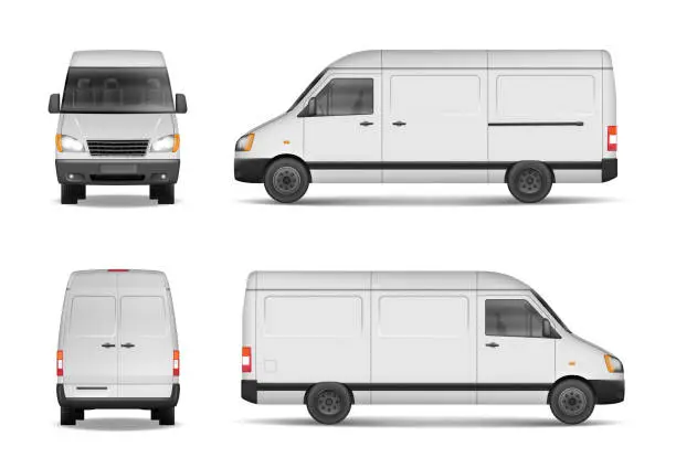 Vector illustration of Isolated commercial delivery vehicle set. White van vector template for car branding and advertising. Mini bus from side, back, front View. Vector