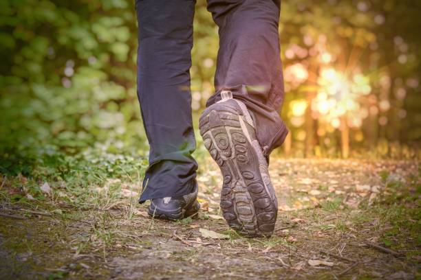 istock Man is running or walking at sunset. View on legs and feet from behind. 831622390