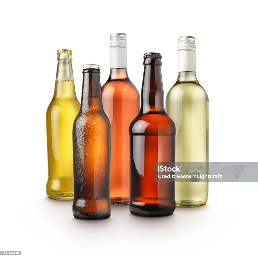 Alcohol Drinks Group group shot of a variety of alcohol bottles on white background Alcohol - Drink Stock Photo