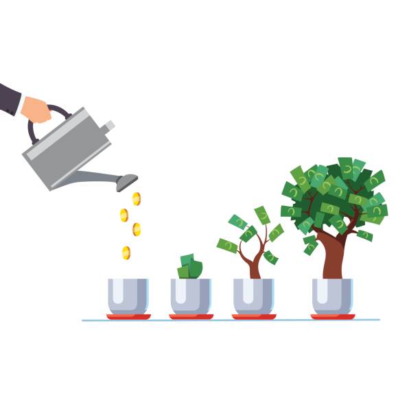 Hand with watering can pouring golden coins money Hand with watering can pouring golden coins cash money to growing tree. Gradual business project development stages. Start up investment growing sprouts. Flat style vector isolated illustration. cultivated illustrations stock illustrations