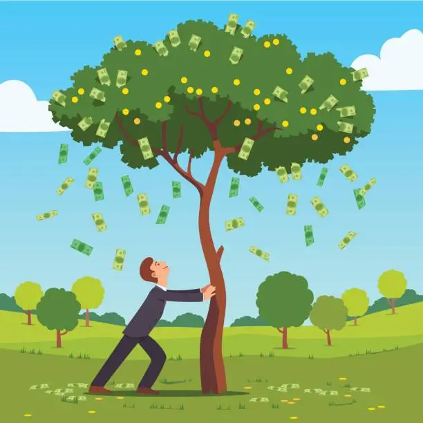 Vector illustration of Businessman shaking tall cash tree with banknotes